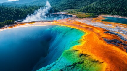 A breathtaking scene of multicolored hydrothermal springs set within a dramatic volcanic landscape, with contrasting shades of orange, blue, and green