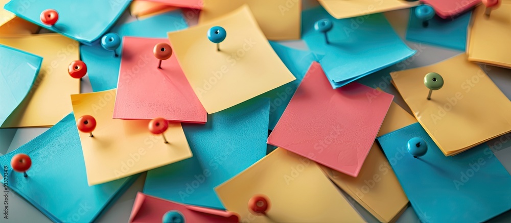 Poster pile of sticky notes arranged with pins for copy space image.