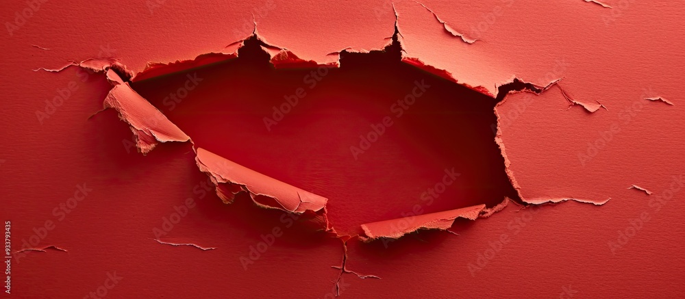 Poster high-quality photo of torn red paper with a large hole for advertising text on a textured background