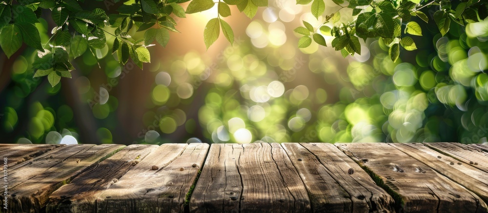 Poster outdoor counter display concept with empty wooden table set against a backdrop of green bokeh create