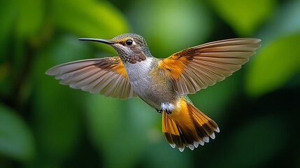 Fototapeta premium A hummingbird in flight with its wings spread wide, against a background of green foliage.