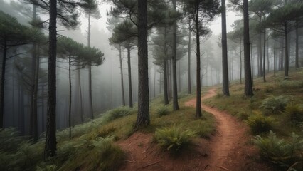 Fototapeta premium Winding Path Through a Foggy Pine Forest