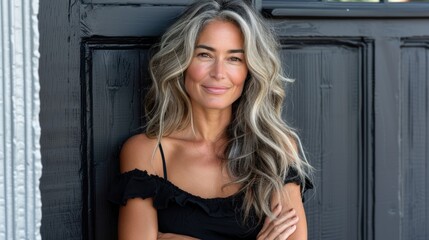Fototapeta premium Portrait of a confident woman with long, wavy gray hair wearing a black off-the-shoulder top, standing against a dark wooden background, exuding elegance and grace