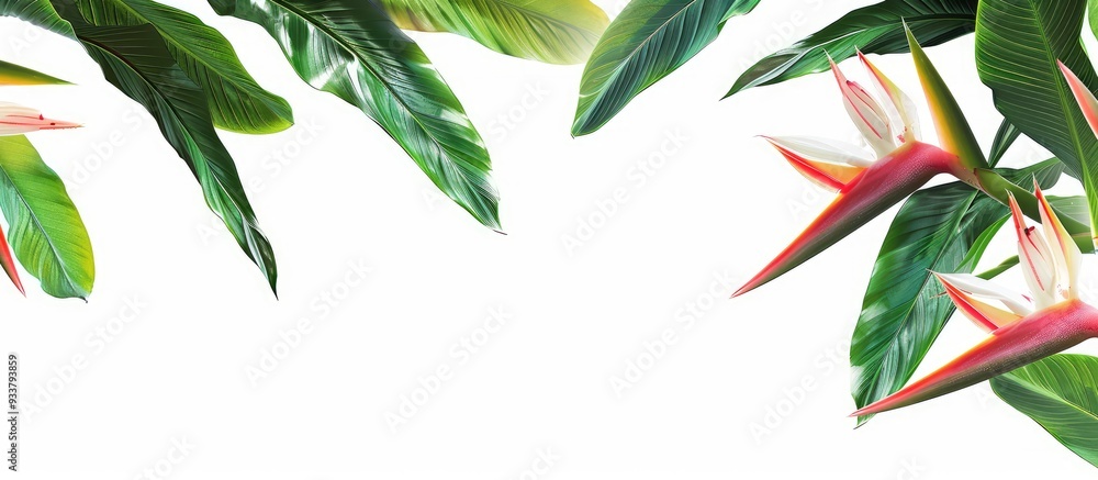 Poster heliconia foliage isolated on a white backdrop with room for text or graphics in the shot. image wit