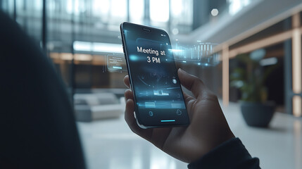 Person holding smartphone with holographic meeting reminder in modern office
