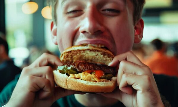 Man Eating a Delicious Hamburger