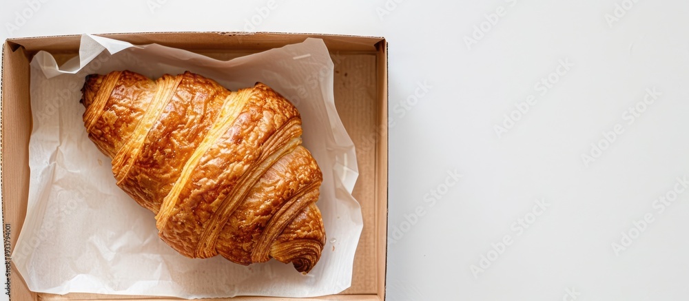 Poster food delivery with a delicious croissant displayed in a closed lunch box set against a simple white 