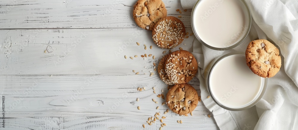 Poster sesame non-dairy milk with cookies is the vegan alternative displayed on a white wooden background w