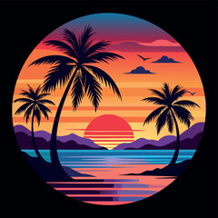 Obraz premium Summer Vector graphic for t-shirt design with beach, sunset, and palm tree