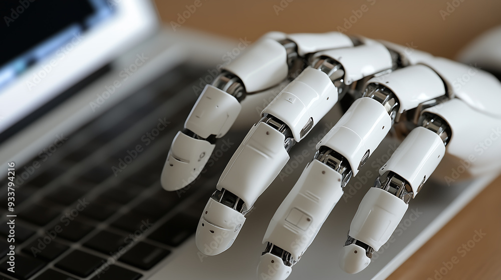 Poster robotic hand typing on laptop keyboard symbolizing ai and automation