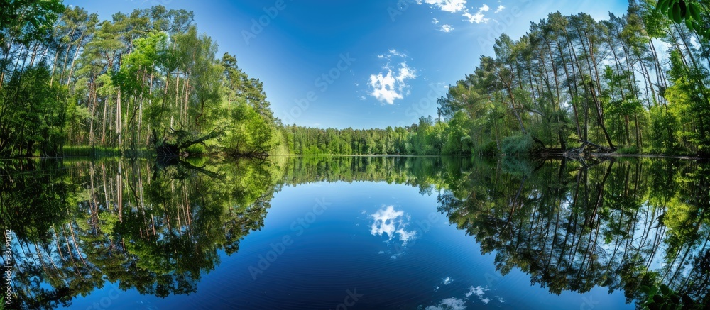 Poster forest lake under a clear blue sky with fisheye lens creating a unique perspective, perfect as a bac