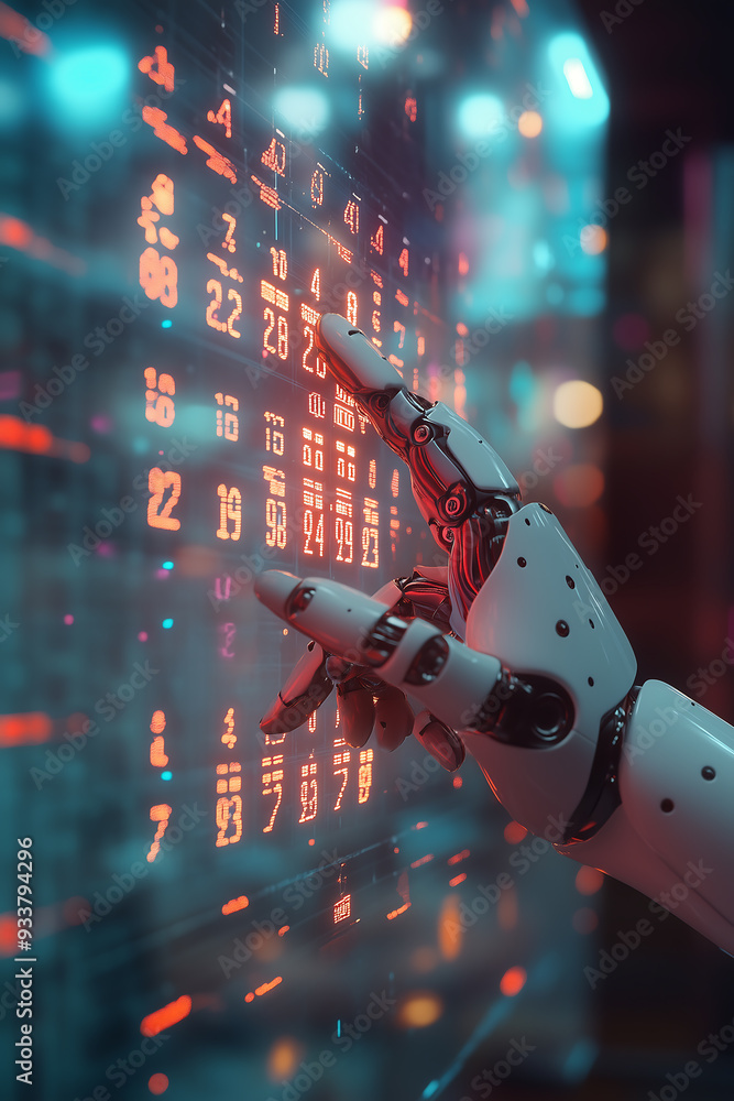 Poster robotic hand interacting with digital data on futuristic screen