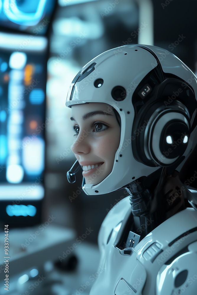 Poster smiling humanoid customer service robot with headset in futuristic setting