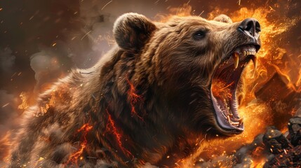 Fiery Grizzly Bear Roaring.