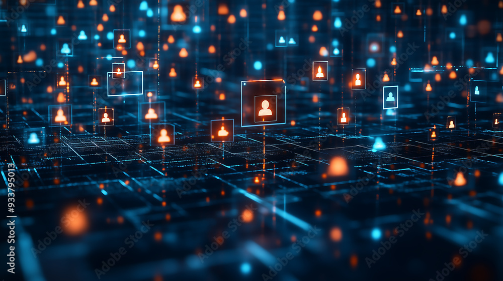 Poster abstract representation of a digital hr recruitment system with glowing users connected across a net