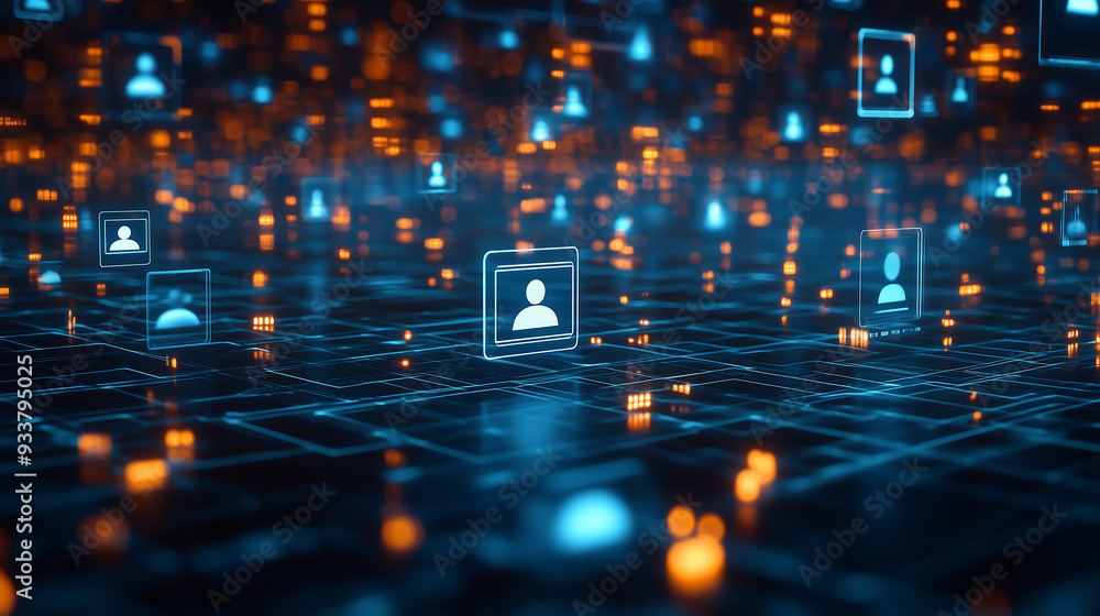 Poster abstract representation of a digital hr recruitment system with glowing users connected across a net