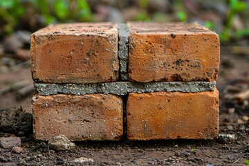 Close-up view of four aged, red clay bricks with visible mortar seams, placed on soil with a blurred natural background, showcasing textures and details
