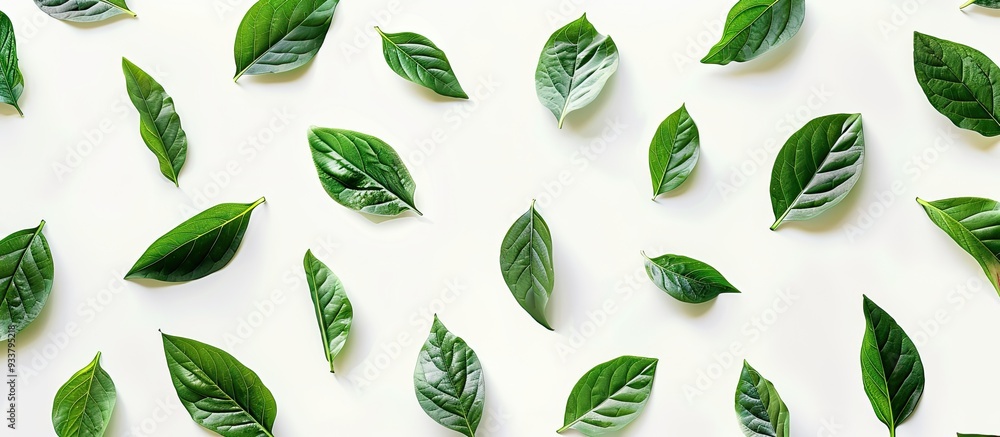 Poster green leaves pattern on white backdrop with varying sizes creating a flat lay composition in an over