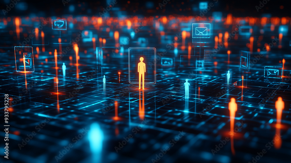 Poster a vibrant digital interface displaying interconnected profiles, representing a virtual recruitment s