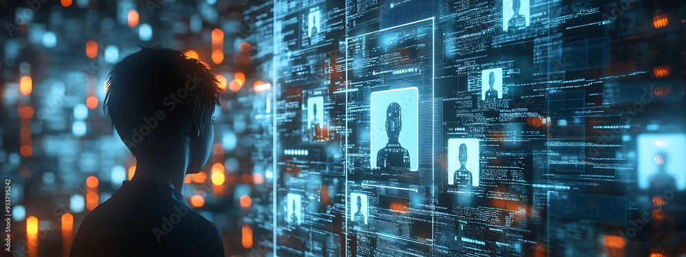 Poster a person analyzing digital profiles displayed on a high-tech interface, representing advanced virtua