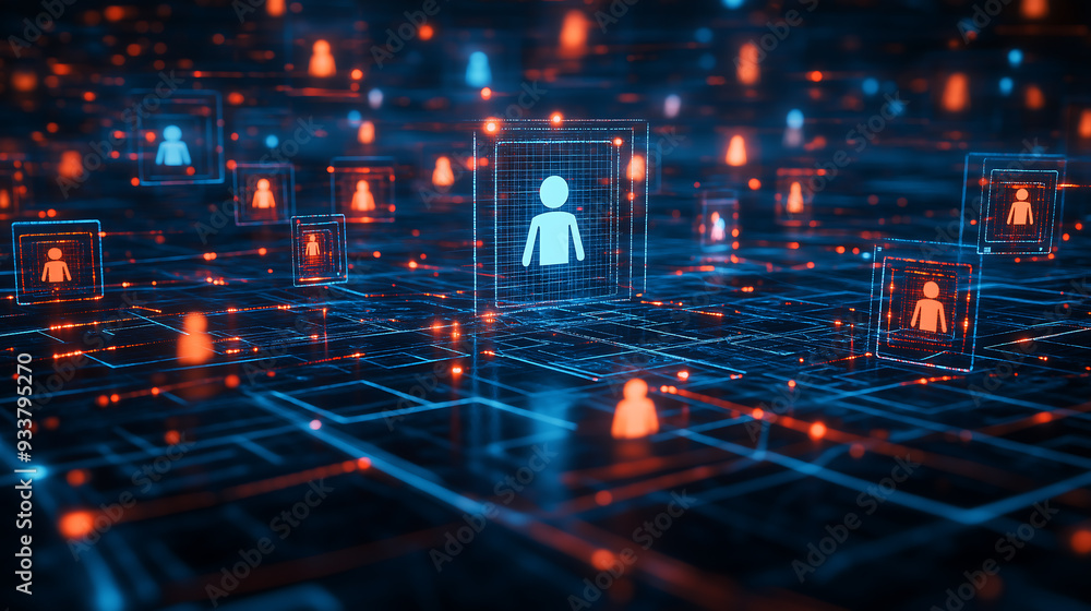 Poster abstract representation of a digital hr recruitment system with glowing users connected across a net