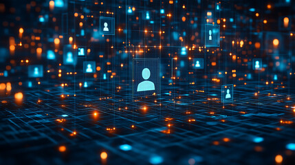 A dynamic digital network showcasing virtual profiles in a futuristic representing data-driven recruitment