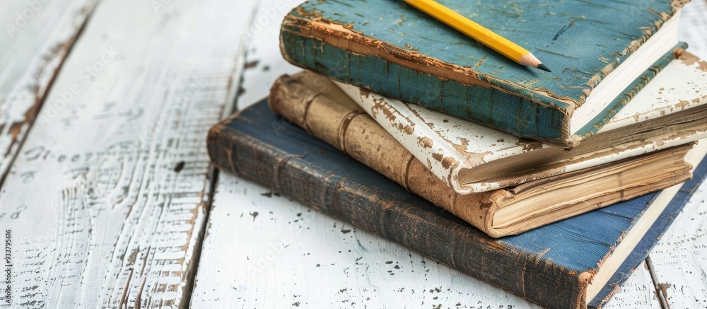 Poster old hardback books stacked with a notebook, pencil, and space for a photo. image with copy space