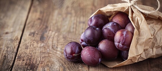 Obraz premium Plums in a kraft paper bag on a wooden table, with copy space image available.