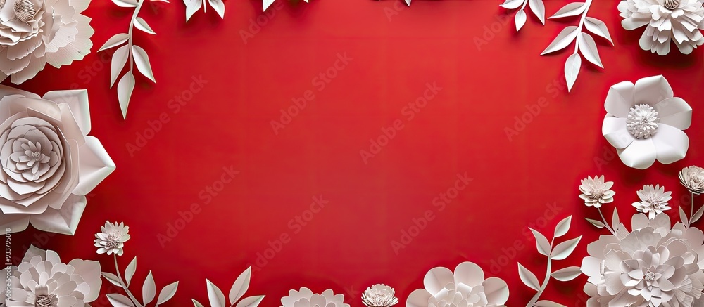 Poster paper flowers and leaves crafted into a frame on a red backdrop with copy space image.