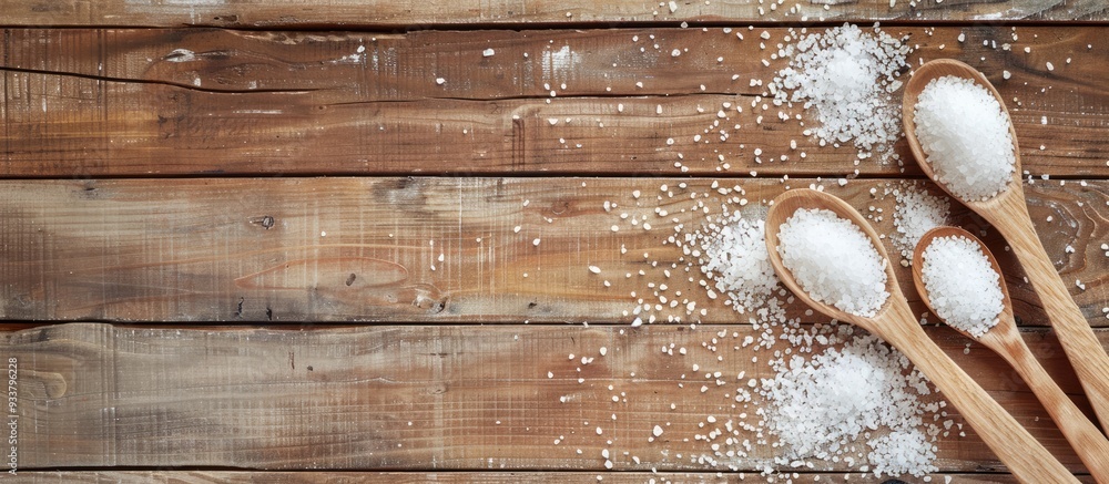 Poster light wooden table with spoons sprinkled with natural sea salt displayed in a flat lay style, offeri