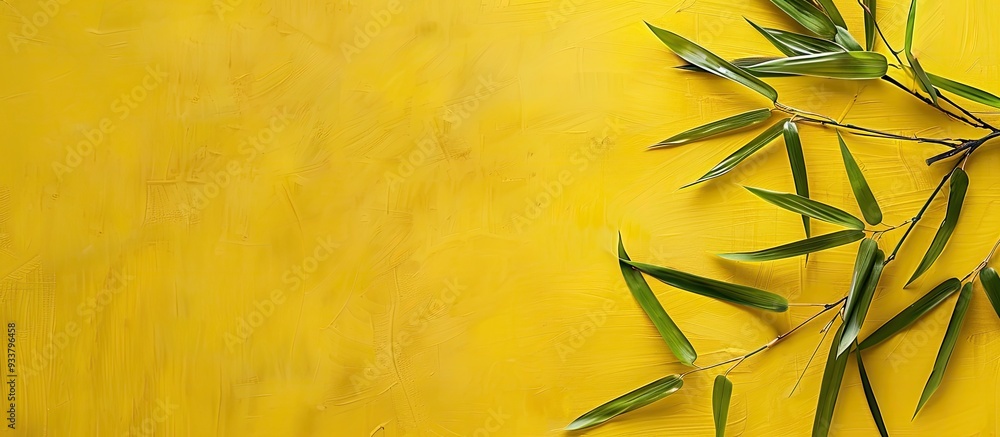 Aufkleber top-down view of a bamboo branch on a yellow asia-themed background, ideal for adding text with copy