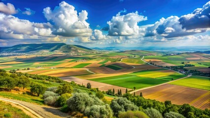 Obraz premium Sunlit rolling hills and fertile plains of the Jezreel Valley, Israel, stretch towards the horizon under a clear blue sky with scattered clouds.