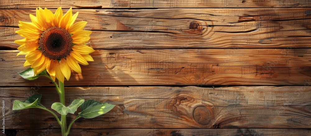 Poster sunflower displayed against a rustic wooden backdrop with copy space image.