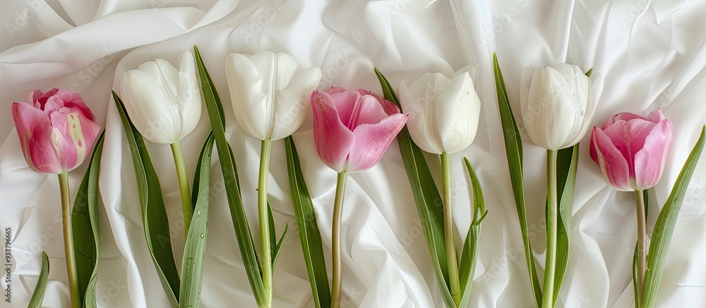 Aufkleber pink and white tulips on white fabric surface with room for text or other design elements in the pic