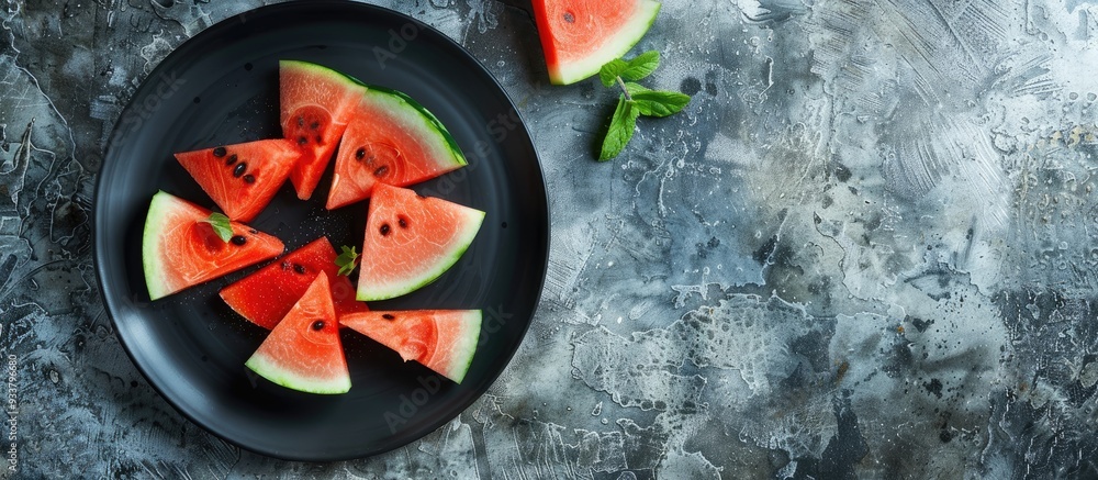 Poster top-down view of refreshing watermelon slices on a black plate against a concrete backdrop with summ