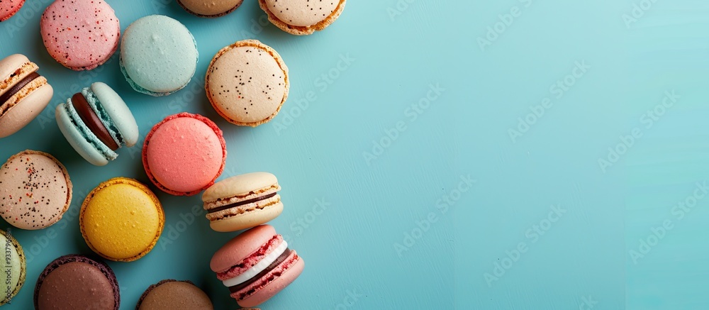 Poster top-down view of macarons on a turquoise backdrop with space for additional content in the photograp
