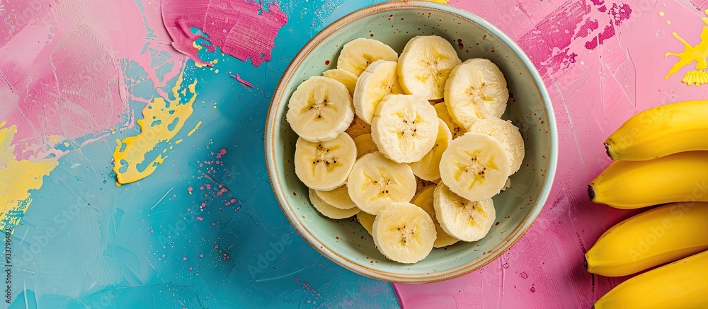 Poster healthy snack choice, banana slices displayed in a bowl on a colorful background with copy space ima