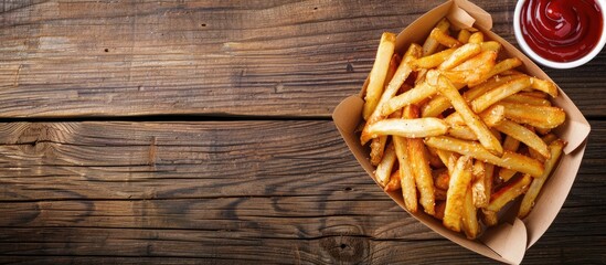 Horizontal picture of French fries served on a wooden table with sauce, creating a copy space image.