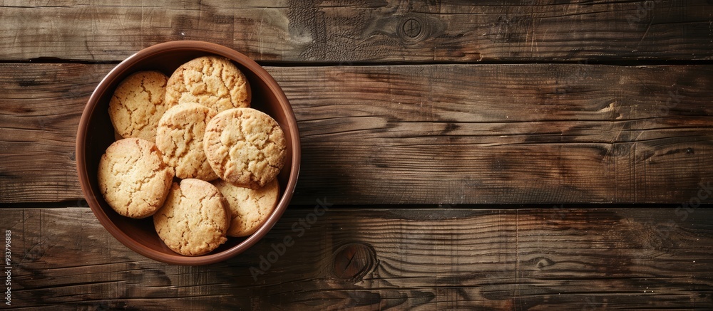 Poster top view of a bowl of biscuits displayed on a wooden table with ample copy space image.