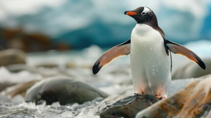 Fototapeta premium Gentoo Penguin standing on a rock with a blue background.