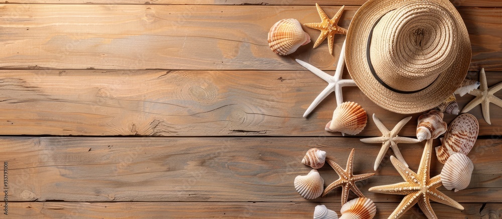Poster wooden background with beach items in a flat lay composition, leaving room for text in the image. im