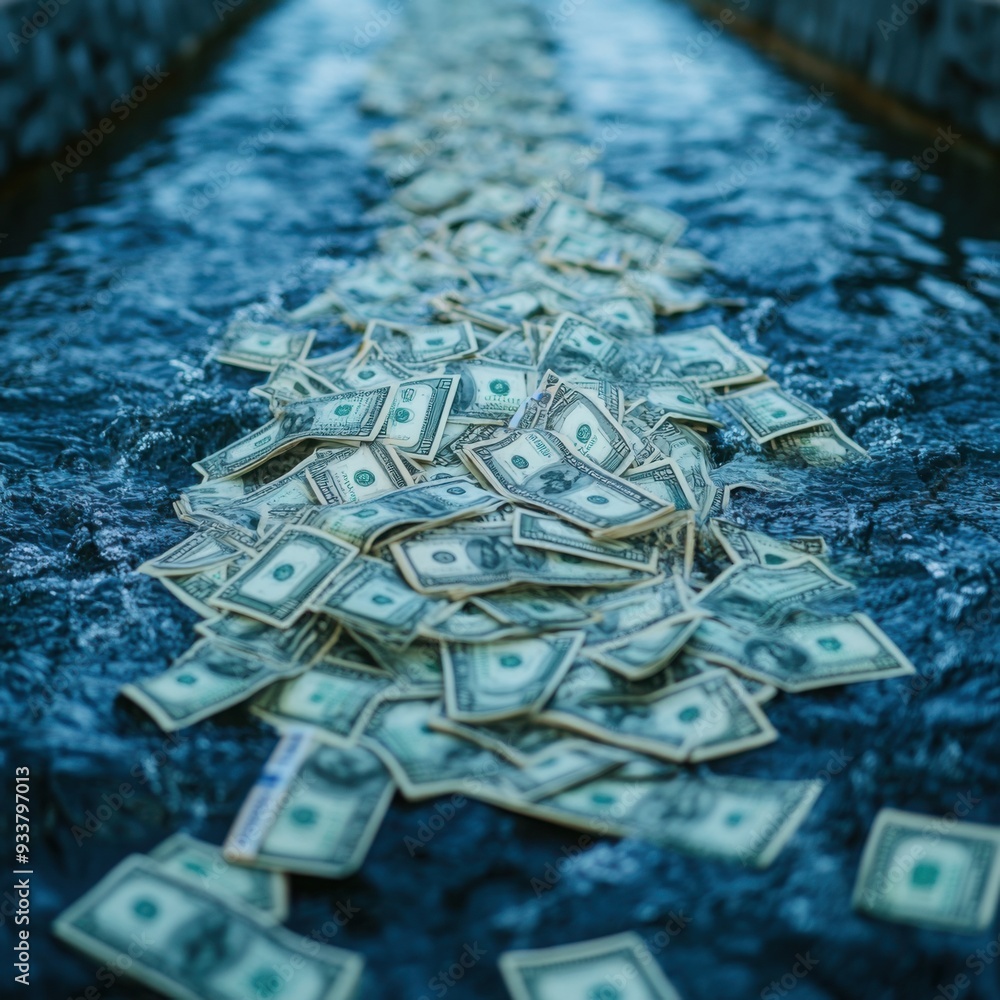 Aufkleber a waterfall of cash splitting into multiple streams, representing the natural flow and distribution 