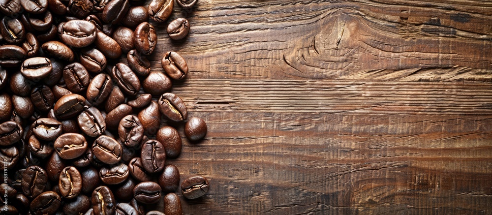 Poster top view of roasted coffee beans on a wooden surface with a clear area for text or graphics, creatin