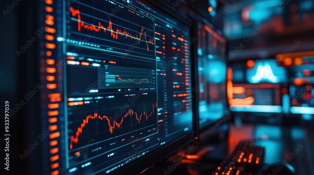 Aufkleber exploring the thrilling world of cryptocurrency trading - digital charts and graphs on multiple scre