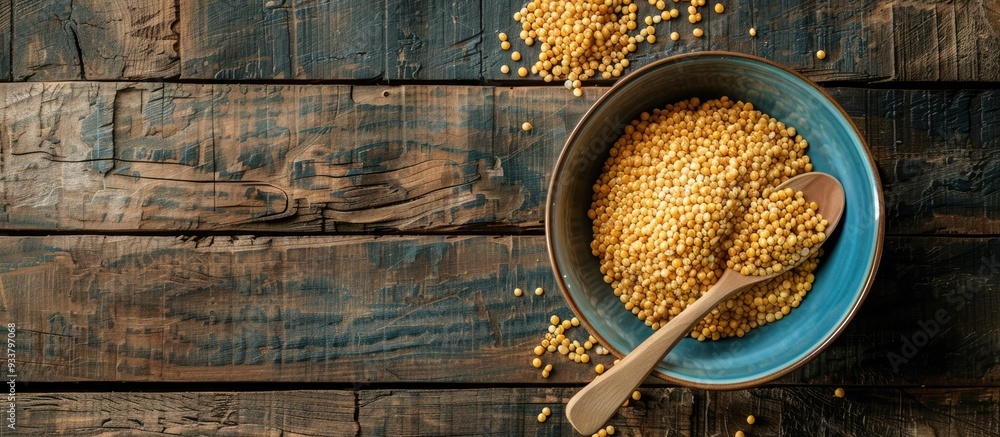Poster top-down view of a wooden table with a bowl and spoon containing raw bulgur, ideal for adding text i
