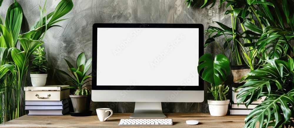 Aufkleber office desk with a computer screen displaying a white screen surrounded by folders and potted plants