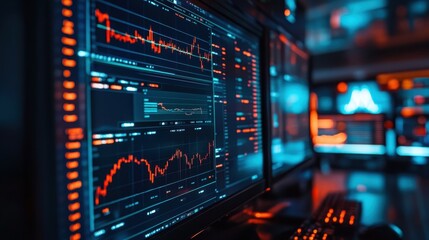 Naklejka premium Exploring the Thrilling World of Cryptocurrency Trading - Digital Charts and Graphs on Multiple Screens