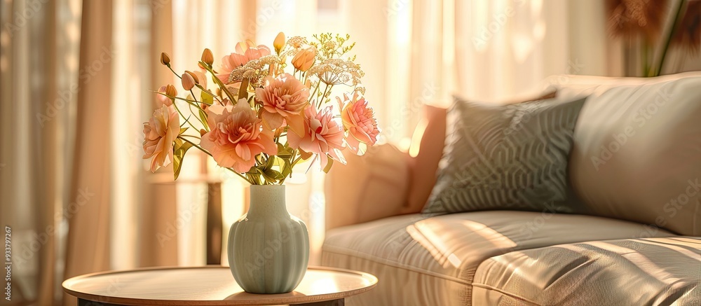 Aufkleber stylish interior design featuring a vase with a bouquet on a side table and a comfortable sofa, with