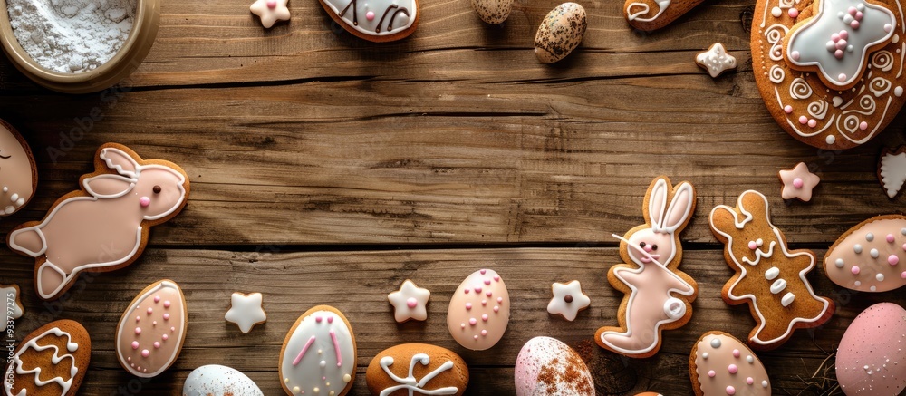 Poster top-down view of easter-themed gingerbread cookies, eggs, and rabbits arranged on a rustic wooden ta