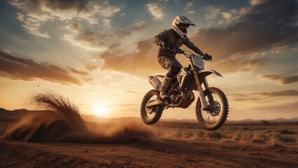 Dirt Bike Rider Leaping Over a Dune at Sunset